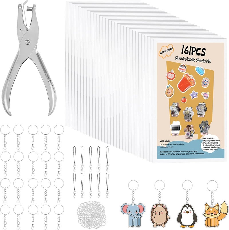 CRTWDMAN 161 Pcs Shrink Paper Keychain Kit,with 30 Pcs Shrinky Plastic Sheets 7.9"x5.7",Hole Punch,Lobster Clasps,Jump Rings DIY Crafts for Adults and Teens - Image 1